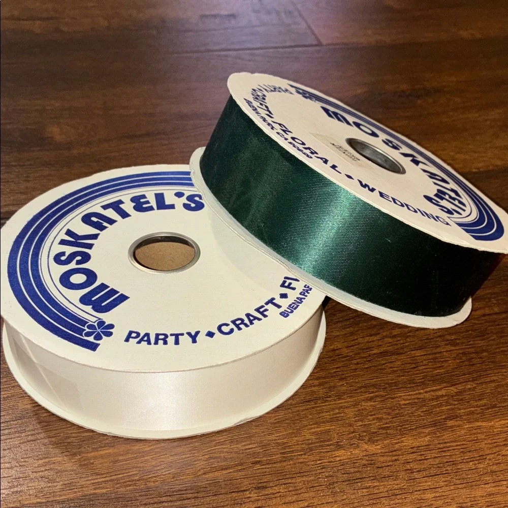NEW 2 MOSKATEL’S PARTY CRAFT WEDDING RIBBON 100 YARDS IVORY AND HUNTER GREEN